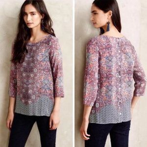 Anthropologie Maeve Silk Patterned Top - Purple and White
